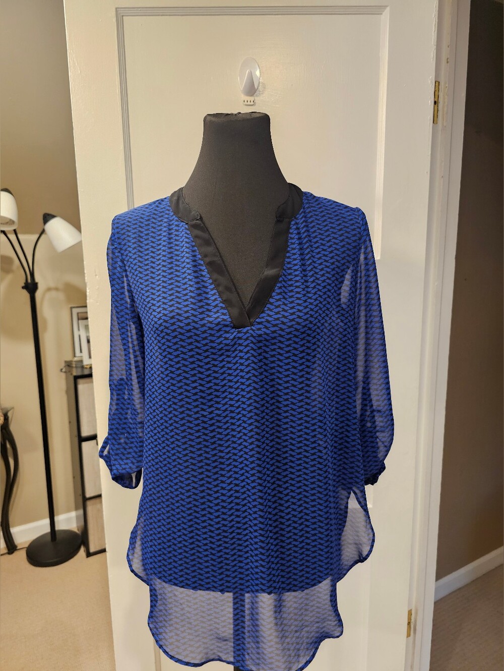 Iz Byer Royal Blue Sheer V-Neck Blouse with Black Trim